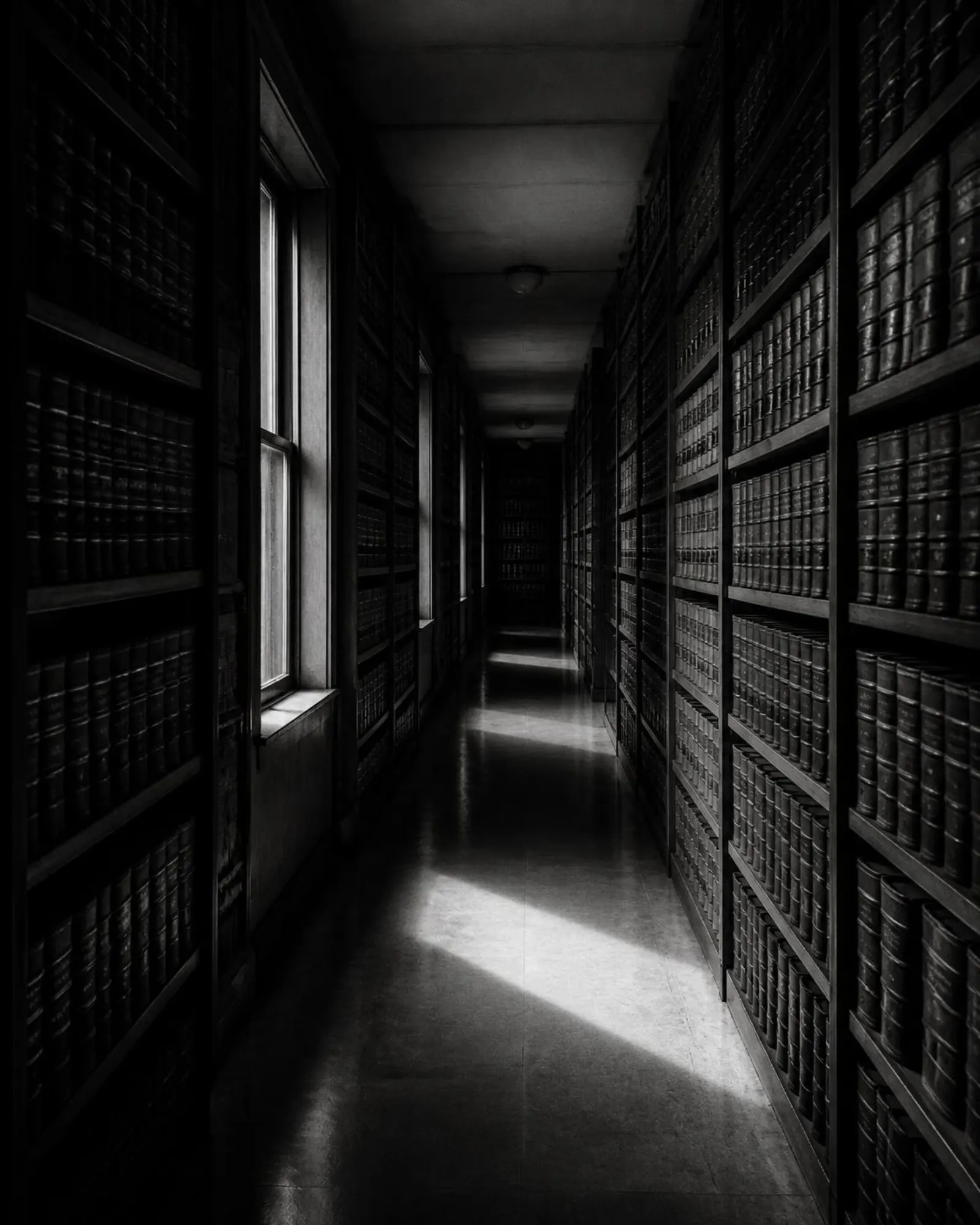 A corridor of bound ledgers lit by a single shaft of light.