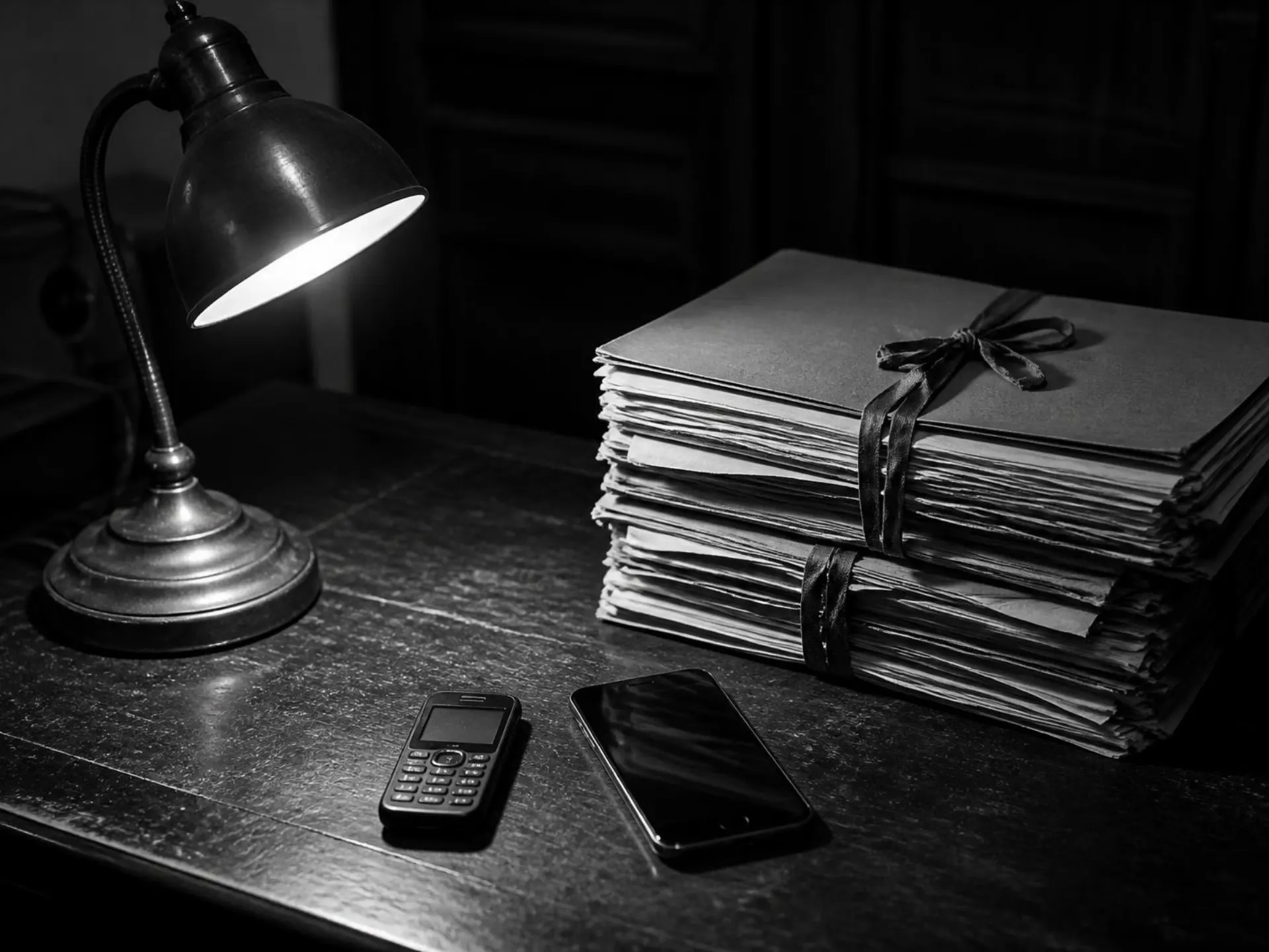 A desk at night: a lamp, a basic handset, a smartphone and case files tied with ribbon.